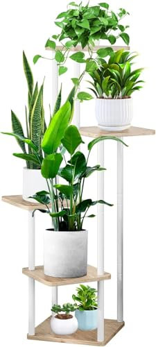 KAHEIGN 5 Ripiani Porta Piante da Interno, 106CM Altezza Mensola per Piante da Esterno Espositore per Piante in Legno per Soggiorno Patio Balcone Boho Casa Giardino Pianta Vaso Decorazione (Bianco)