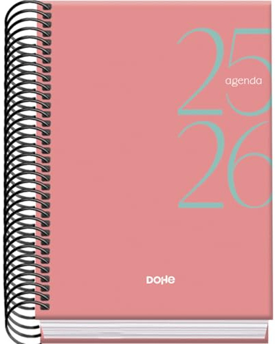Dohe - Agenda scolastica 2025 2026 - Giorno per pagina, formato A6 (12 x 17 cm), spagnolo e inglese, da settembre a giugno, rilegatura a spirale, copertina rigida - SYSTEM Pink