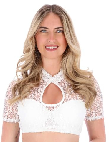 Steigenhöfer Manufaktur Dirndl-blus dam med pärla – Marie – mjukt tyg med behaglig känsla – Dirndlblus för Oktoberfest folkfest och andra fester – kortärmad traditionell blus, Vit, 38