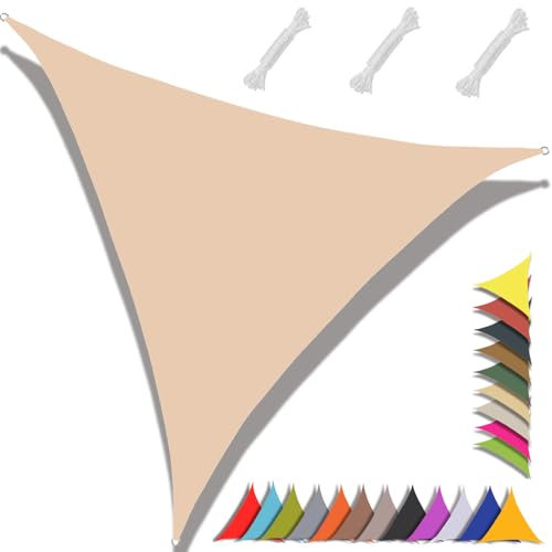 MAJINGC Vela ombreggiante triangolare 5x5x5m Vela ombreggiante impermeabile, protezione UV 95%, giardino, patio, piscina, esterni, fornita con corda beige