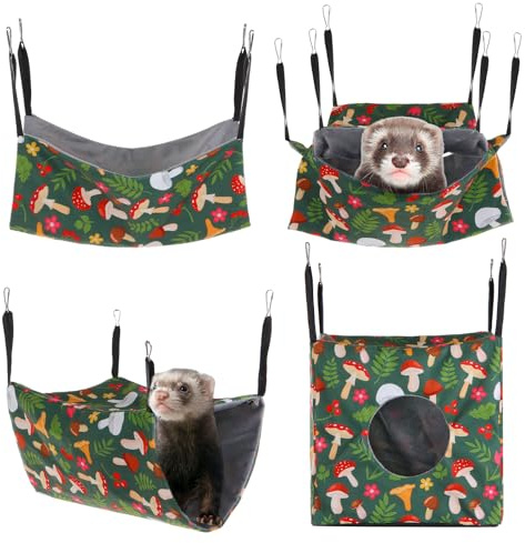 4 Pack Ferret Hammock for Cage, Small Animal Hammock Set with Mushroom Pattern, Rat Hammocks Washable Cozy Hanging Bed for Chinchilla Guinea Pig Hamster Sugar Glider Squirrel