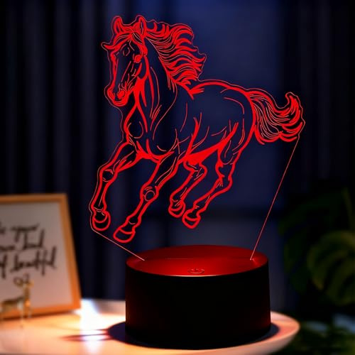 Pararty Lampada 3D Cavallo， 3D Illusione Luce Notturna, 7 Colori Liberamente Commutabili, Alimentazione USB e a Batteria,Regali di Natale per Ragazze Ragazzi Soggiorno Arredamento Camera da Letto