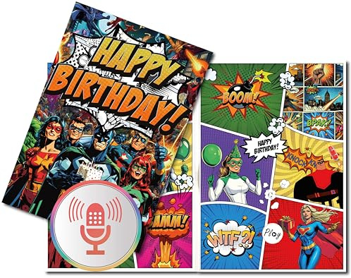 PlayMegram Personalisierbare Geburtstagskarte mit Aufnahmefunktion im Comic-Design – Bis zu 60 Sekunden Aufnahme – A5 Format