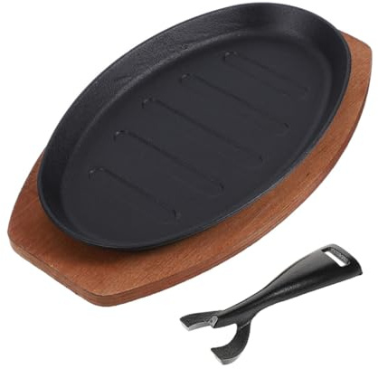 GOOHOCHY Cast Iron Griddle Pan and Sizzling Steak Plate Set with Wooden Base, Sturdy Versatile Iron Steak Plates for Grilling and Serving Western Style Meat Dishes