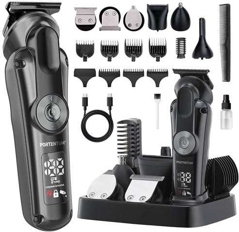 PORTENTUM Tagliacapelli uomo professionale LED – Set da 21 pezzi – Macchinetta per capelli e corpo di precisione – Rasoio elettrico barba – 6 Testine – 7 Pettini – USB-C – Base Organizzatore Compatta