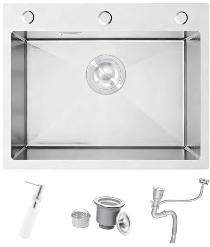 Fregadero de Cocina Cepillado, Bokaiya 60 x 45 cm Empotrable, de Acero Inoxidable, Profundo, con 3 Agujeros para Grifo, Dispensador de Jabón y Sifón, para Cocinas Pequeñas, Bares y Restaurantes
