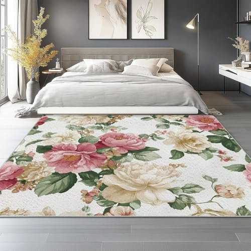 Genérico Alfombra Antideslizante Crema para salón 40x60 cm, Vintage Peonía Rosa Alfombra de Pelo Corto Repelente al Agua Lavable a máquina para Pasillo, salón y Dormitorio