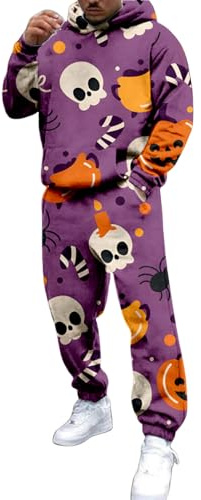 Set di tute sportive da uomo, 2 pezzi, per autunno/inverno, Halloween, casual, patchwork, con cerniera, maglione, pantaloni, set sportivo per abbigliamento sportivo all'aperto, Viola, L