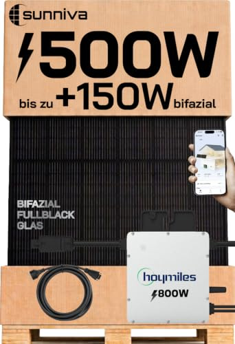 SUNNIVA® 500W Balkonkraftwerk BIFAZIAL FULLBLACK komplett Steckdose HOYMILES 400 Watt Wechselrichter, PV Solaranlage Komplettset, 1x 500W N-Type Glas Bifacial Solarmodule, 5m Kabel