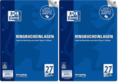 Oxford Ringbucheinlagen A4 liniert mit Doppelrand, Lineatur 27, 50 Blatt (Packung mit 2)