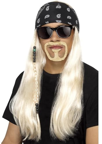 Smiffys Hard Rocker Kit, Blonde with Wig, Bandana, Beard & Glasses, 1980's Fancy Dress, 1980s Dress Up Wigs