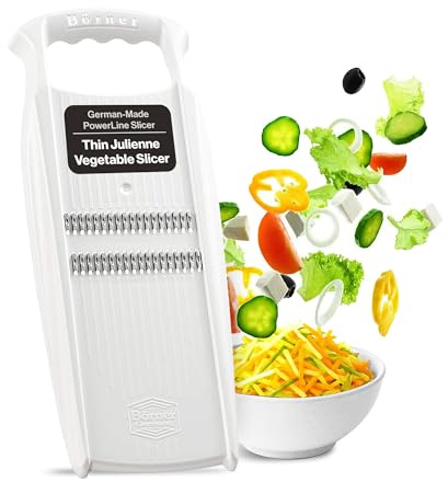 Swissmar Börner PowerLine Thin Julienne Vegetable Slicer – Precision Mandoline Slicer for Potatoes, Zucchini, & Hard Fruits - Perfect for Vegetable Salad – Essential Kitchen Gadgets - White
