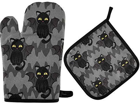 Ensemble de gants de cuisine et maniques pour Halloween avec ailes de chat noir - Décoration de cuisine mignonne, résistante à la chaleur et antidérapante pour la cuisine, la pâtisserie, le barbecue