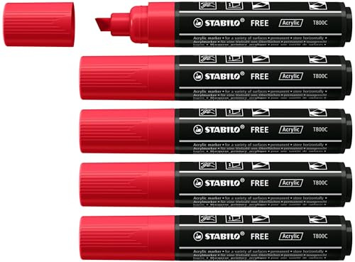 STABILO - Acrylmarker - FREE Acrylic T800C | Strichbreite 4-10 mm, 5er Pack, karmin