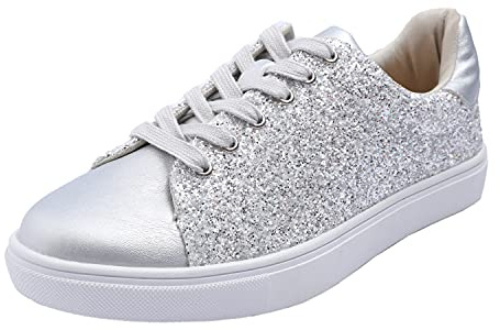 FEVERSOLE Sneakers för kvinnor, moderna, med snörning, fina glittrande och glänsande festskor, 8.5