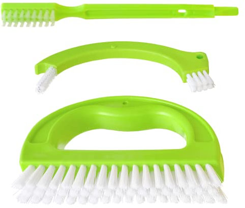 Grout Cleaner Brush with Handle - Set of 3 Green Tile Joint Scrub Brushes for Deep Cleaning - Kitchen Bathroom Window Door Track Stove Tops Seams Shower Floor Lines - Homeowners Professionals DIYers