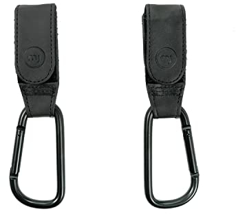 my junior® My Hooks Kinderwagen Haken | veganes Leder | belastbar bis 10kg | 2er Pack | universelle Passform mit Klettverschluss - Black