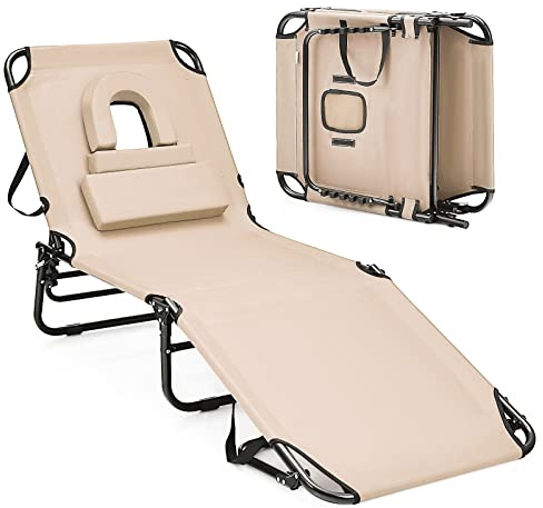 LIFEZEAL Chaise Longue Pliante Inclinable à 5 Positions, Bain de Soleil avec Trou pour Visage, Charge 150kg, Transat Jardin Exterieur en Tissu Oxford Coussin Amovible, 194x63x37 cm (Beige)