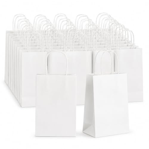 Vebetter 42 Papiertüten mit Henkel, Weiß, 21 x 16 x 8 cm, Kraftpapier | Ideal für Geschenke, Partys, Hochzeiten und DIY – schlichtes Design zum individuellen Gestalten.