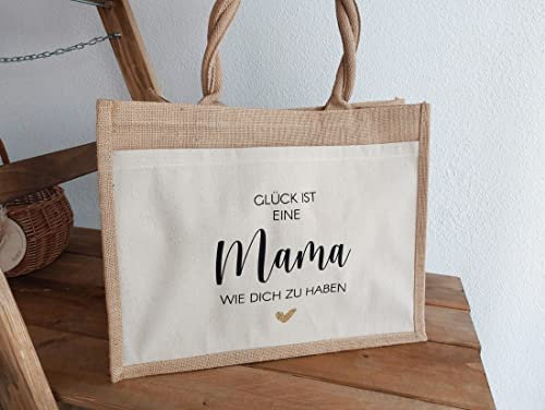 Jutetasche - Glück ist ... | Einkaufstasche mit Wunschname vers. Taschengrößen Jutetasche Baumwolltasche Einkaufstasche Muttertag Geschenk (Gutetasche - Groß mit Vordertasche (42x33x19cm))