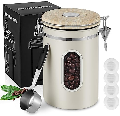ROCKY&CHAO Kaffeedose Luftdicht aus Edelstahl 1,8L Kaffeebhnen Behälter mit Sichtfenster an der Seite 600g Vorratsdose für Tee Nüsse Kakao Länger und Frisch Bleiben