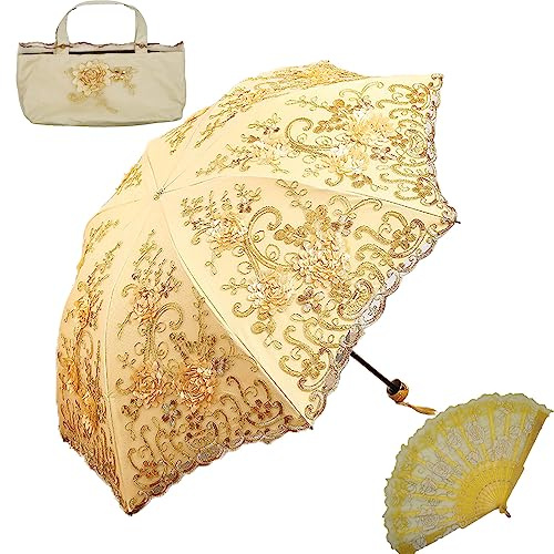 Aikelai Vintage Lace Sun Umbrella, UPF50+ Protection, 3D Flower Embroidery Compact Umbrella for Wedding & Photo Shooting (Yellow)