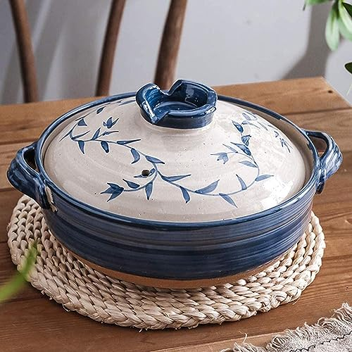 fUfIzU Traditional Japanese Donabe Clay Pot Casserole, Family Hot Pot, Round Insulation Ceramic Casserole, Stockpot for Steaming Simmering Slow Stewing Cooking Pot,1.2L