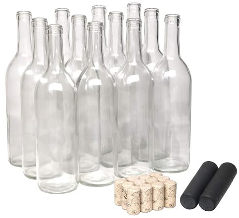 North Mountain Supply 750ml Glass Bordeaux Wine Bottle Flat-Bottomed Cork Finish - with #8 Premium Natural Corks & PVC Shrink Capsules - Case of 12