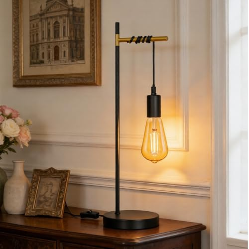 Aigostar Schreibtischlampe Industrial Metall mit E27 Fassung, Höhenverstellbare Vintage Tischlampe Schwarz & Gold für Home Office Schlafzimmer, 1.8m Kabel mit Schalter, Ohne Leuchtmittel