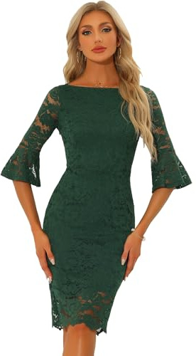 Allegra K Abito Tubino in Pizzo per Abito da Cocktail Vintage con Maniche a Campana e Scollo a Barca da Donna per Festa Verde Scuro XS