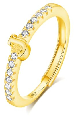 INFUSEU Anillo Inicial, 925 Plata De Ley 18K Oro Ajustable Letra J Anillos Apilables Alfabeto Mayúscula Joyería Personalizada Cumpleaños Regalo Dama Mujeres Niñas