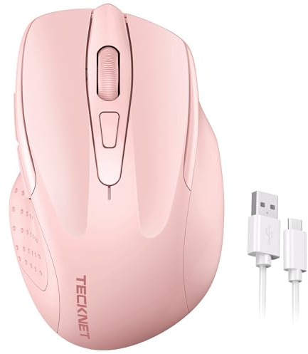 TECKNET Silent Kabellose Maus, 2,4G Wiederaufladbar Funkmaus 4800 DPI, Rosa | 2,4 GHz Optische, Silent Klicken, Ergonomisches Design für Rechtshänder, Plug & Play für Laptop, Computer, PC, Mac