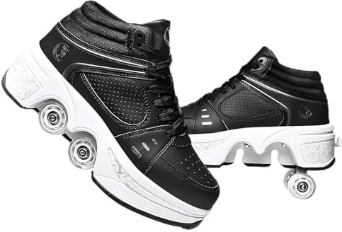 Rollschuhe für Kinder, verstellbare Rollerskates für Mädchen, Quad-Skates-Deformationstrainer für Erwachsene und Anfänger, Turnschuhe mit unsichtbarem Rad für Jungen (schwarzes High-Top, EU 40)