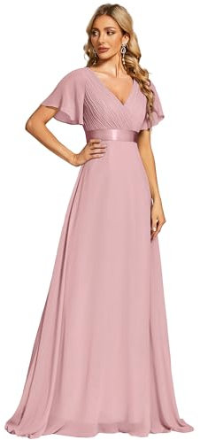 Ever-Pretty Women's Double V-Neck Short Flutter Sleeves Empire Waist Elegant Chiffon Long Evening Dresses Dusty Rose 22UK