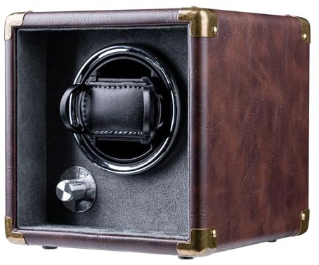 Mcbazel Automatic Watch Winder,PU Leather Automatic Single Watch Winder Turner Rotator Display Box with LED Light/Quiet Motor-Brown