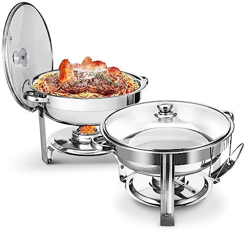 WARMOUNTS Round Chafing Dishes for Buffet with Glass Lid (5QT, 2 Pack), Chafers and Buffet Warmers Set with Mirror-Polished Stainless Steel, Rolled Rim, Stackable, Lid Holder for Parties, Catering
