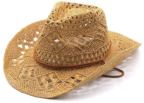 Veesper Stroh Cowboyhut, breiter Krempe Western Stroh Cowboy Hut gewebt atmungsaktivem Strohkuhjungen Hut mit Kinnband Sonnenschutz Khaki Cowboy Hut für Seaside Beach Picknick