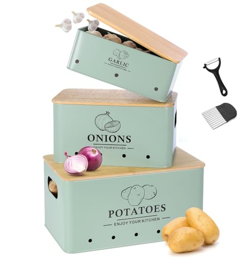 Dekosilave Kök grönsaksförvaring set med 3, metall lök vitlök potatis förvaringsset, köksbehållare grönsaksbehållare med luftningshål och trälock (salvia grön)