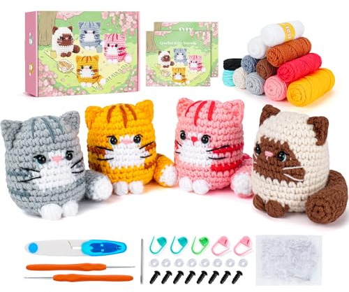 Crochet Kit for Beginners Cat Crochet Animal Kit Complete Animal Crochet with Step-by-Step Video Tutorials Crochet Knitting Cats Crochets Starter Kit Kitten Set Beginners Crochets (Crochet cat 4pcs)