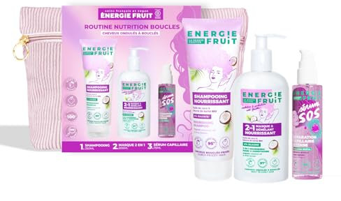 ENERGIE FRUIT - Coffret cadeaux routine capillaire cheveux bouclés - Huile de coco et collagène - Trio shampooing et masque nourrissant, sérum protecteur - Trousse offerte