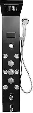Sistema de panel de ducha LED, sistema de ducha de cuerpo completo, panel de ducha negro con generación de energía hidroeléctrica, torre de ducha de baño de 6 funciones para hoteles, hogares, centros