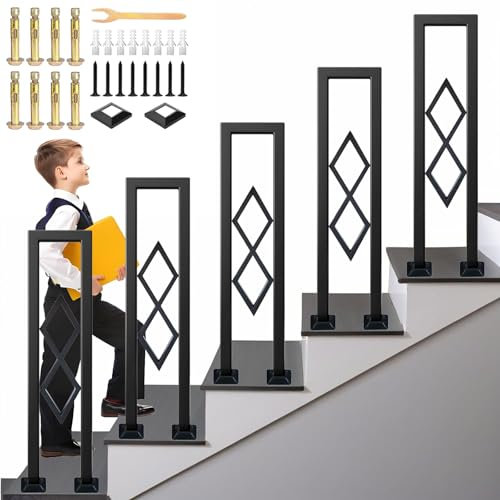 AIOJXHY Garde Corps en Forme de U Noir, Rampe Escalier avec Diamant, Métal Main Courante avec Base Couvercle, Verticale Installation Balustres pour Intérieure, Extérieur (100cm)