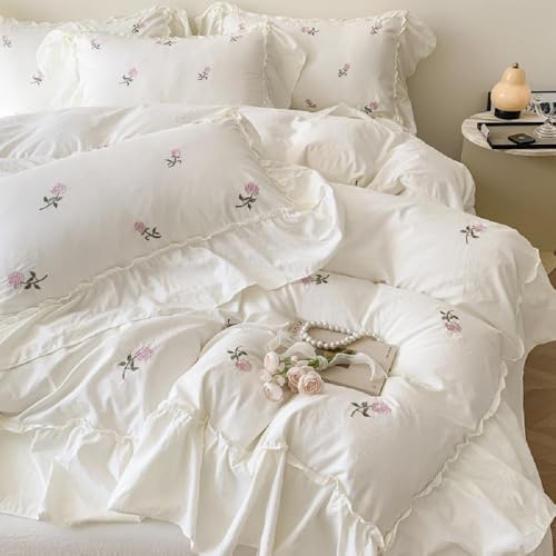 Lanqinglv Rüschen Bettwäsche 135x200 Weiß Rosa Blumen Stickerei Mädchen | Romantisch,ÖKO-TEX Zertifiziert,für Allergiker,Landhausstil Bettbezug mit Reißverschluss und 1 Kissenbezug 80x80cm