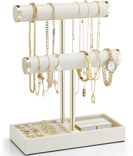 VLANDO 2 Tier Bracelet Holder Organizer with Tray - Mothers Day Gifts Jewelry Stand Organizer for Mum - Jewelry Holder Display for Necklace, Watches, Rings, Earrings, Bangle, Scrunchie - Cloud White