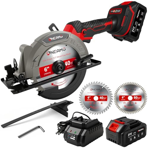 6 Cordless Circular Saw, 21V Compact Wireless Circular Saw, 4.0Ah Battery, 5800RPM, Max Cut 2-1/6 (90°), 1-1/4 (45°),w/40T & 60T Blades,Fast Charger (1Hr),Applicable to Wood,Aluminum & Plastic