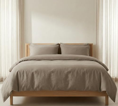 The Tangerine Store Set copripiumino - Biancheria da letto in misto lino e cotone, traspirante, prelavata e ipoallergenica - Beige naturale, matrimoniale (198 x 223 cm)