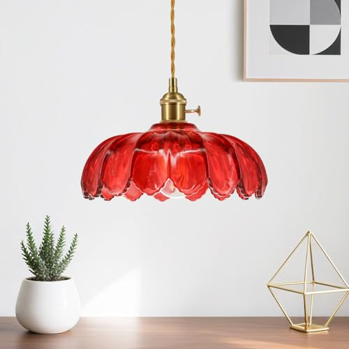 YLTLINK Rote Lotus hängelampe Esstisch,Vintage Glas Pendellampe mit E27 Fassung, Höhenverstellbar, Modern Retro Pendelleuchte,Glas-Lotus-Schirm,Hochwertig, für Esszimmer, Küche, Wohnzimmer, Bar, Café
