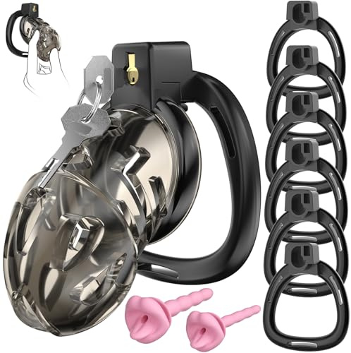 QRRQ Chastity Cage Männer Silikon Keuschheitskäfig mit 6 Einstellringen, Leichter Peniskäfig, Hohl und Atmungsaktiv, Geeignet Für Langzeittragen, Erwachsene BDSM Sexspielzeug (Schwarz, L)