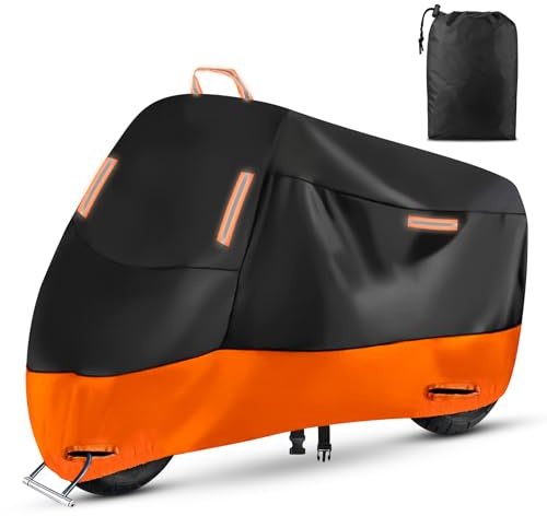 Motorbike Cover Waterproof, Heavy Duty 210D Polyester, 2000PA Rain & UV Dust Protection, All-Weather Scooter, Moped, Street & Off-Road Motorcycle Cover with 4 Reflective Strips (96.5x41.3x49.2)