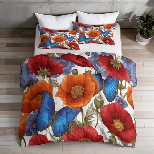 Landskapsstil Täcke utan överdrag 220 × 240 cm, set med 2 örngott 80 x 80 – trädgårdsfjärilar blommönster, förstärkta sömmar röd blå vändbart täcke tvättbar, 4 säsonger sovtäcke